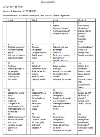 Menu juin 2023