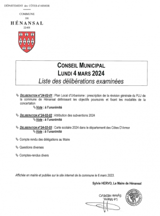 Liste des délibérations Conseil Municipal du 4 mars 2024